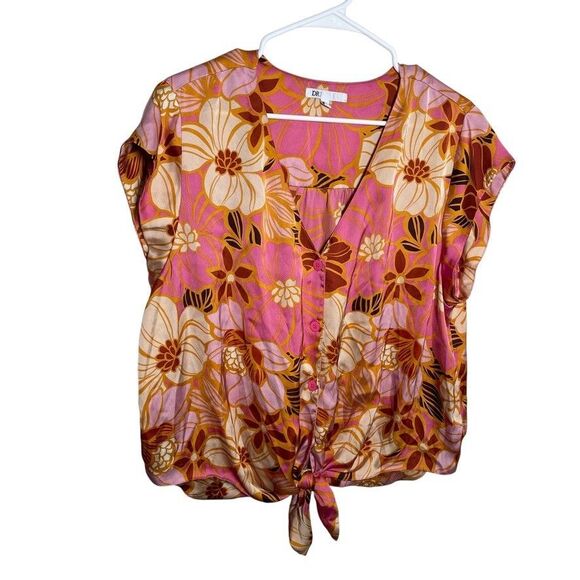 Dr2 Tops - Dr2 Blouse Women's XXL Pink Floral V-Neck Tie Short Sleeve Boho Artsy Top